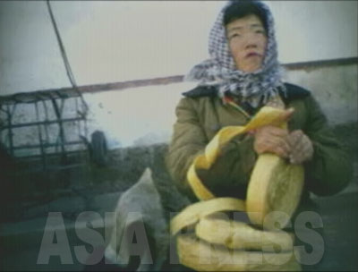 「人造肉」を巻いている女性。（2008年11月黄海北道沙浦の市場　コ・イル撮影）