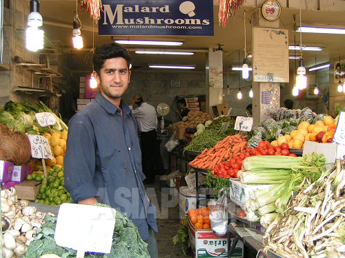 イランの八百屋で見かけないのは、さつまいも、ごぼう、エノキや椎茸、しめじなどだが、手の込んだ日本食を作ろうと思わなければ何の問題もない。写真はよく通ったエンゲラーブ広場の八百屋。平茸をよく買い、ホイル焼きやバター炒めをよく作った。