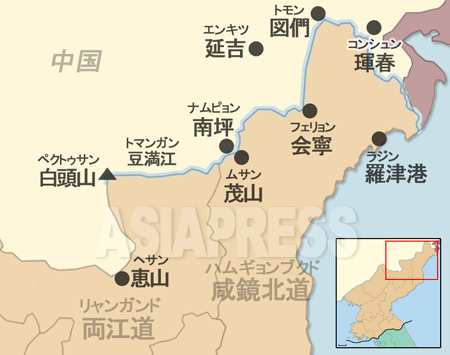 豆満江流域に位置する中国と北朝鮮の主要都市。（アジアプレス）