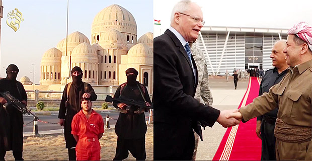イラク軍に加え、イラク・クルディスタン地域のペシュメルガ部隊もＩＳは「アメリカと結託する十字軍同盟」と規定。捉えたペシュメルガを相次いで処刑している。写真左の背後のモスクはモスルを象徴する大モスク。写真右は米国のジェームズ・ジェフリー元イラク大使と握手するクルディタン地域政府のバルザニ議長。ＩＳは宣伝映像でこうした映像を並べることで、クルド人が「アメリカの手先」だと印象付けようとしている。（ニナワ・IS映像）