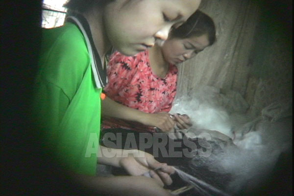 慣れた手つきで黙々と漁網を編む女子中学生（手前）（以上3枚：2006年秋咸鏡北道　ペク・ヒャン撮影）