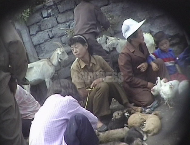 「無秩序天国」の闇市場ではありとあらゆる物が売られた。路上で犬や鶏を売っている。 1999年9月咸鏡北道茂山(ムサン)郡にて撮影キム・ホン(アジアプレス)