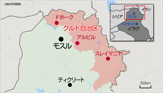 2007年頃からバグダッドで大規模な治安強化作戦が始まると、拠点を次々と制圧された武装勢力メンバーはモスルに大量に流れ込んだ。（地図作成・アジアプレス）