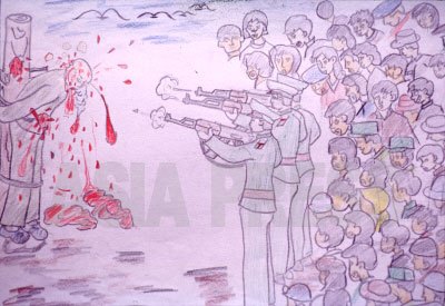 脱北少年のキム・ハンギル君が描いた公開処刑の場面。住民を動員して「見物」させるという。（画集「涙で描いた祖国」〔2001年〕より）