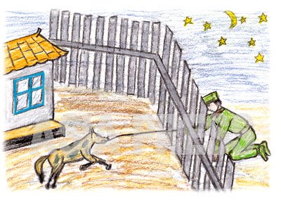 脱北少年のキム・ハンギル君が、軍人が棒に餌を付けて犬をおびき寄せて盗む様子を描いたもの。軍人が家畜を盗むのは、珍しくない現象だったようだ。（画集「涙で描いた祖国」〔2001年〕より）