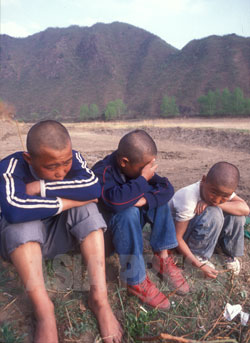国境沿いの村で出会った脱北難民の少年たち。左から17、15、13歳で、3人とも親が亡くなったか行方不明だという。シラミがいるからという理由で、保護している家で頭髪を刈られた。（1998年4月中国延辺朝鮮族自治州　石丸次郎撮影）