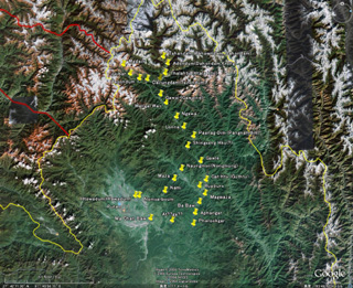 【北ビルマ衛星地図（グーグルマップより）。Putao（プータオ）を歩いて出発してTahandam(Tahawndam,Dahondam)タフンダン村まで往復３４日間（約４５０～５００キロメートル）かかる。黄線は、中国/インド国境、黄ピンは、旅程を示す】