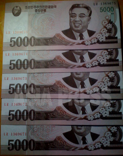 取材協力者チェ・ギョンオク氏が撮影した続き番号の5000ウォン札。（2011年3月両江道）