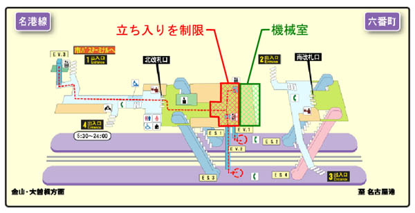 名古屋・六番町駅構内でのアスベスト飛散事故の現場。緑の線で示された機械室からアスベストが漏えいした。赤く囲った立ち入りを制限した場所は、ただ入らないよう表示しただけで、アスベストの飛散を防止する措置はなかった【出所：名古屋市発表資料】