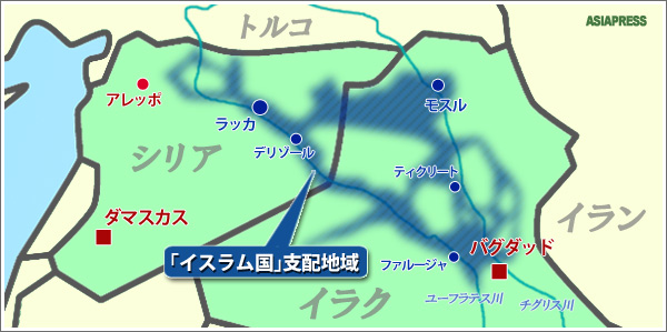 シリア全土の面積は日本のおよそ半分に相当。青で示した部分がイスラム国の支配地域。その広大さがわかる。