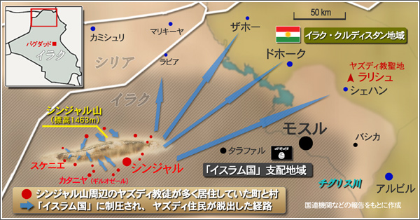 シンジャル山（標高1463m）の全長は約60キロ。山を取り囲むようにヤズディ教徒の町があった。イスラム国に町を制圧され、大量脱出があいつぐ。一部の住民たちは北東部にあるクルディスタン地域に逃れることができたが、イスラム国が道路を封鎖し、およそ５万の住民はシンジャル山に逃げ込むしかなかった。イラクのヤズディ教徒の２大コミュニティはシンジャルと、聖地のあるシェハン。シェハンはクルディスタン地域政府が防衛している。モスル東の町バシカはヤズディ教徒、キリスト教徒、イスラム教徒が混住する町だったが、一部にイスラム国が侵攻し、多数がクルディスタンに避難した。モスルとシンジャルの中間にあるタラファルにはトルコ系シーア派住民が多く、そこでも殺戮が起きている。