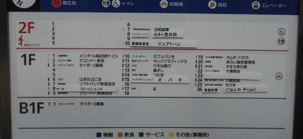 案内板には、空き店舗が確認できる。特に、２階は半数が空き店舗。