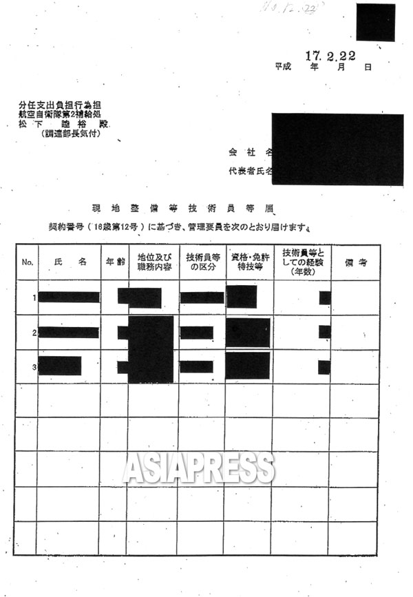 情報開示されたイラク派遣自衛隊輸送機の「現地整備等技術員等届」の文書