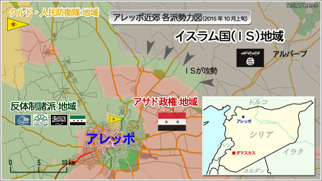 シリア・アレッポの各派の勢力図（2015年10月上旬）