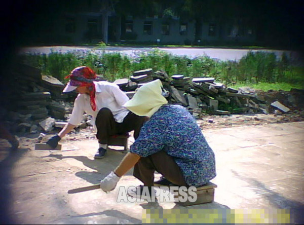 アパート街の住民らが歩道の道路舗装工事に動員されている。2011年8月、平壌市西城区域で。撮影ク・グァンホ（アジアプレス）