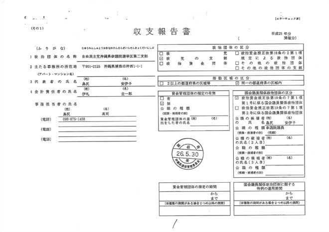 島尻沖縄担当大臣の政治資金収支報告書