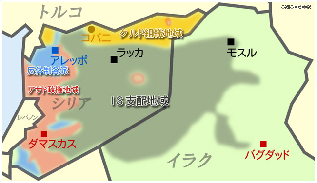 2016年1月現在のシリアの各勢力の支配状況。反体制各派は自由シリア軍、ヌスラ戦線、アハラール・シャムなどの武装組織。イラクとシリアにまたがるＩＳの支配地域をあわせると日本の半分近くに及ぶ広大な面積になる。