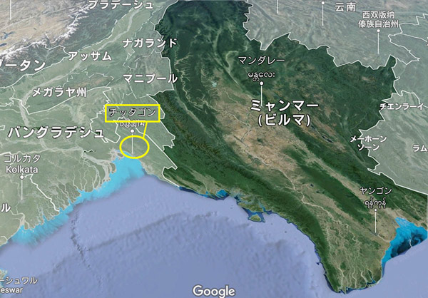 ミャンマーに国境を接するバングラデシュ東南部のチッタゴン丘陵の地域（黄色部分）が「ロヒンギャ問題」に深く関係している（グーグル地図）