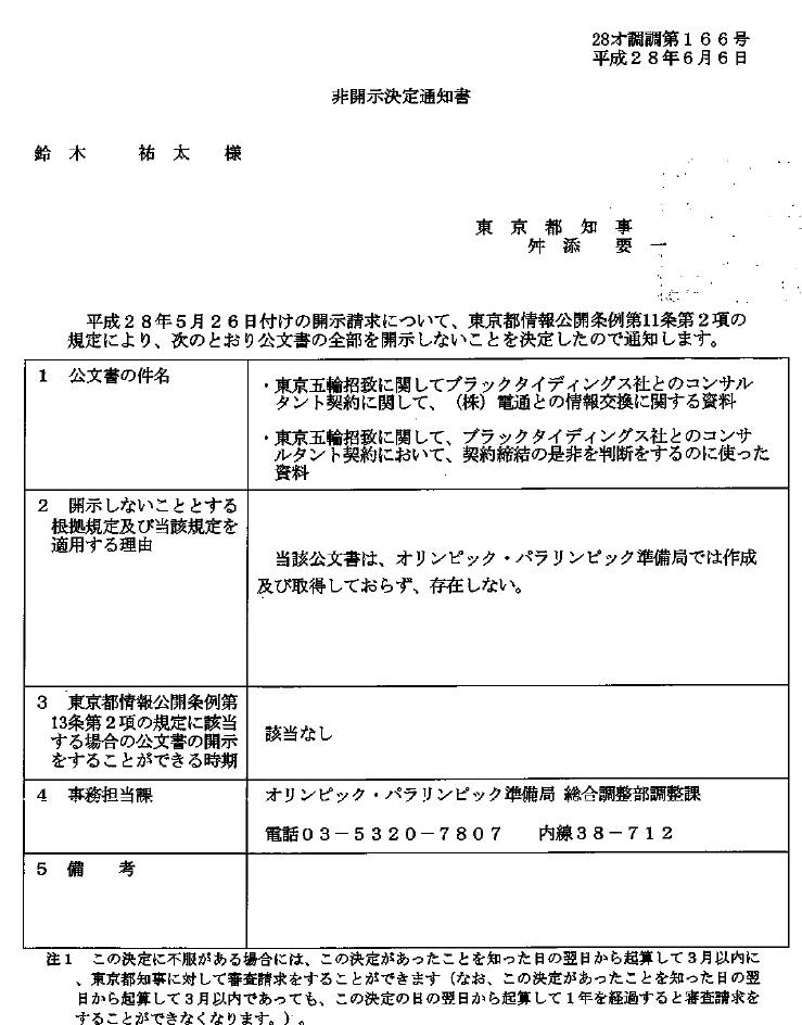 東京都から届いた非公開決定書