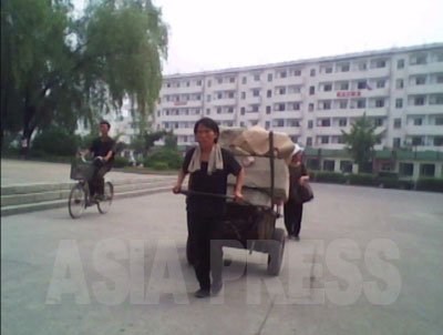 리어카는 중요한 생산수단. 있는 힘껏 짐을 운반하는 여성은 이제 드물지 않다 (2010년6월 평성시 김동철 촬영)