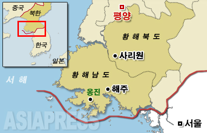 황해남도 옹진군의 위치. 서해(황해)에 접한 한국과의 최전선 지역이기도 하다.