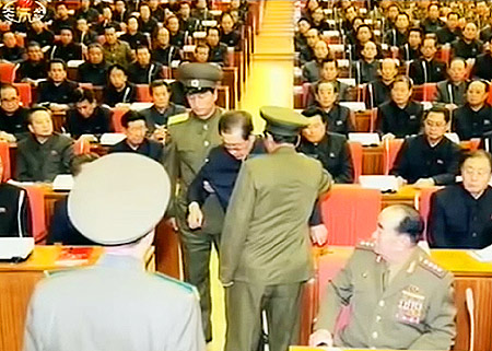 A picture issued by the North Korean State run media as the scene of the arrest of former Vice Chairman of National Defense Commission, Jang Song-thaek at the KWP Politburo expanded meeting. (PHOTO: A screen grab from KCTV.) 