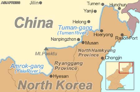 Major cities along the border between China and North Korea, marked by the Tuman-gang (Tumen River)