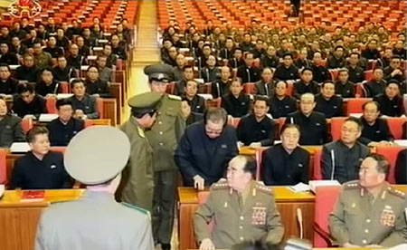 A picture issued by the North Korean state-run media as the scene of the arrest of former Vice Chairman of National Defense Commission, Jang Song-thaek at the Korean Workers' Party Politburo expanded meeting on Dec.2013. The series of purges related to Jang continues unabated. (A screen grab from North Korean state-run KCTV)