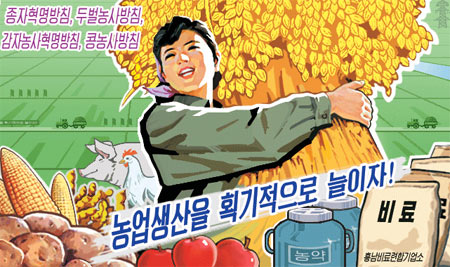 A North Korean propaganda poster issued in 2010 trumpets the state agricultural improvements with the slogan "Increase farming production!" through "The policy for the seed revolution, double-cropping, the potato farming revolution and soybean planting".