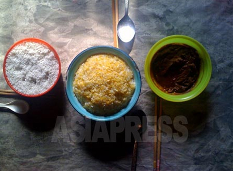 A typical meal for local people in the northern countryside town. Corn is supplemented with vegetables in a miso dressing (right) with salt (left). (March, 2011, Hyaesan, Ryanggang Province. Photograph by Choi Gyeong-ok) ASIAPRESS